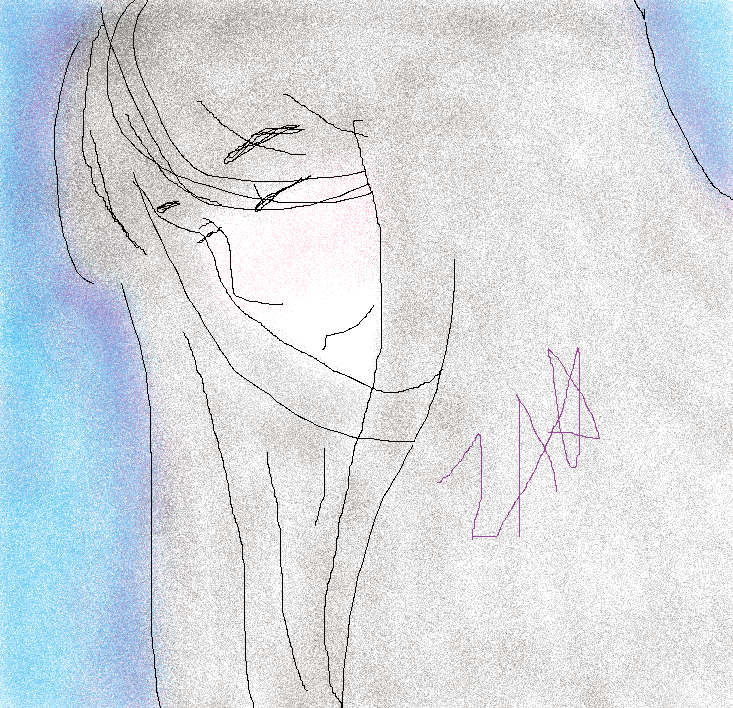 A delicate grey sketch of a figure looking downward with soft blue washes