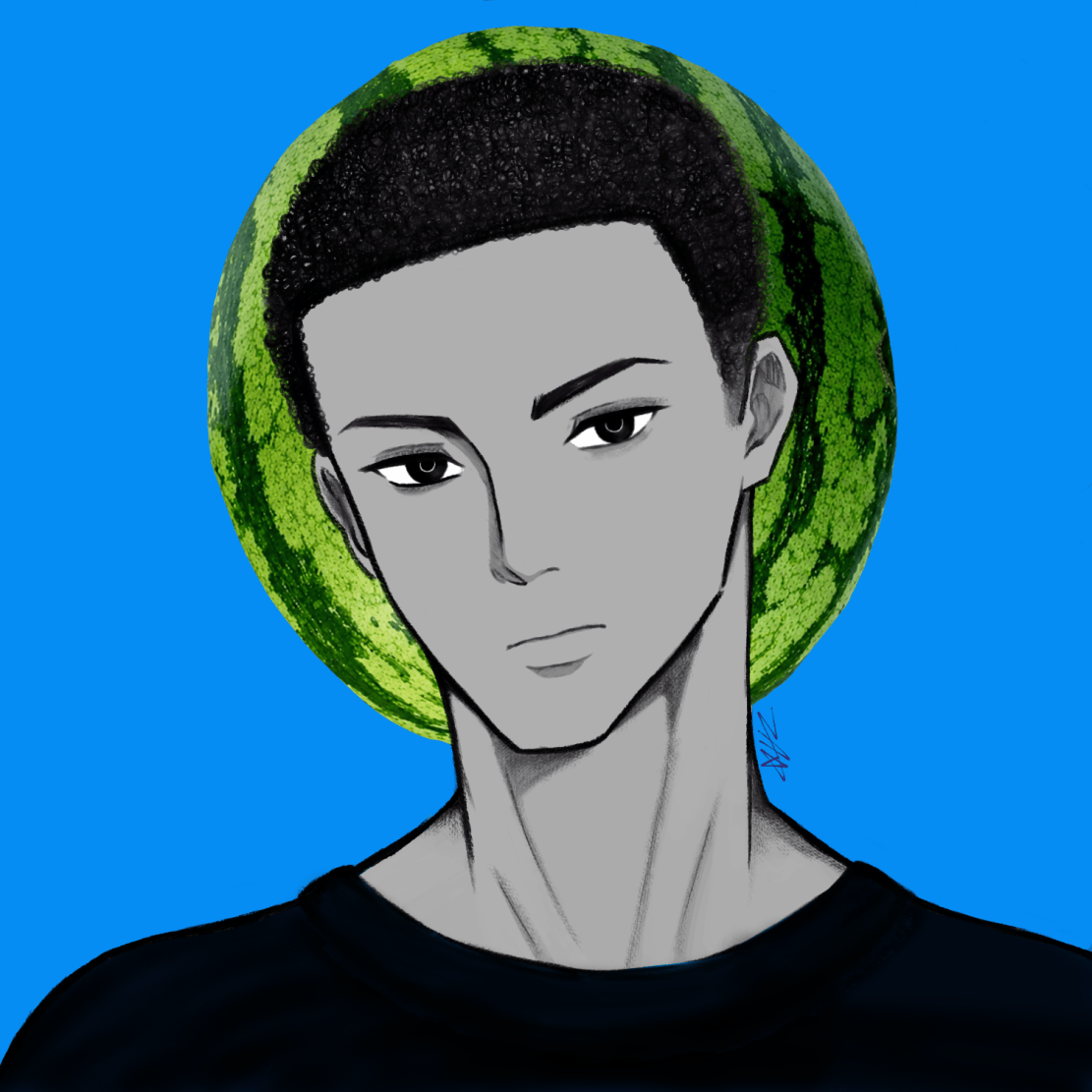 A figure with a watermelon halo on a blue background