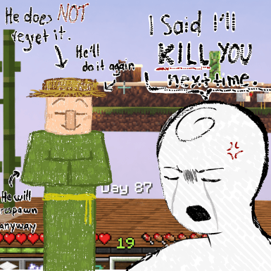A chaotic Minecraft-style drawing with speech bubbles