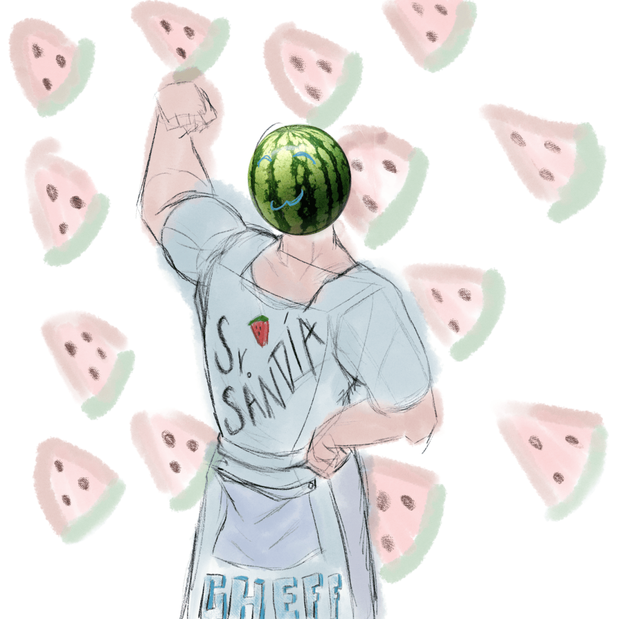 A muscular figure with a watermelon head raising a fist, surrounded by watermelon slices