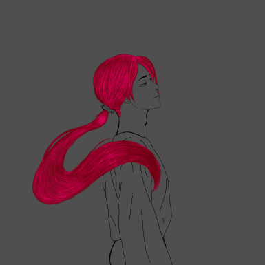 A figure with flowing red hair against a grey background, looking upward