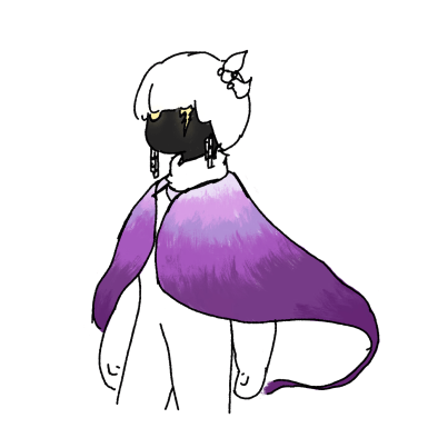 A character with white hair and a long purple cloak seen from behind