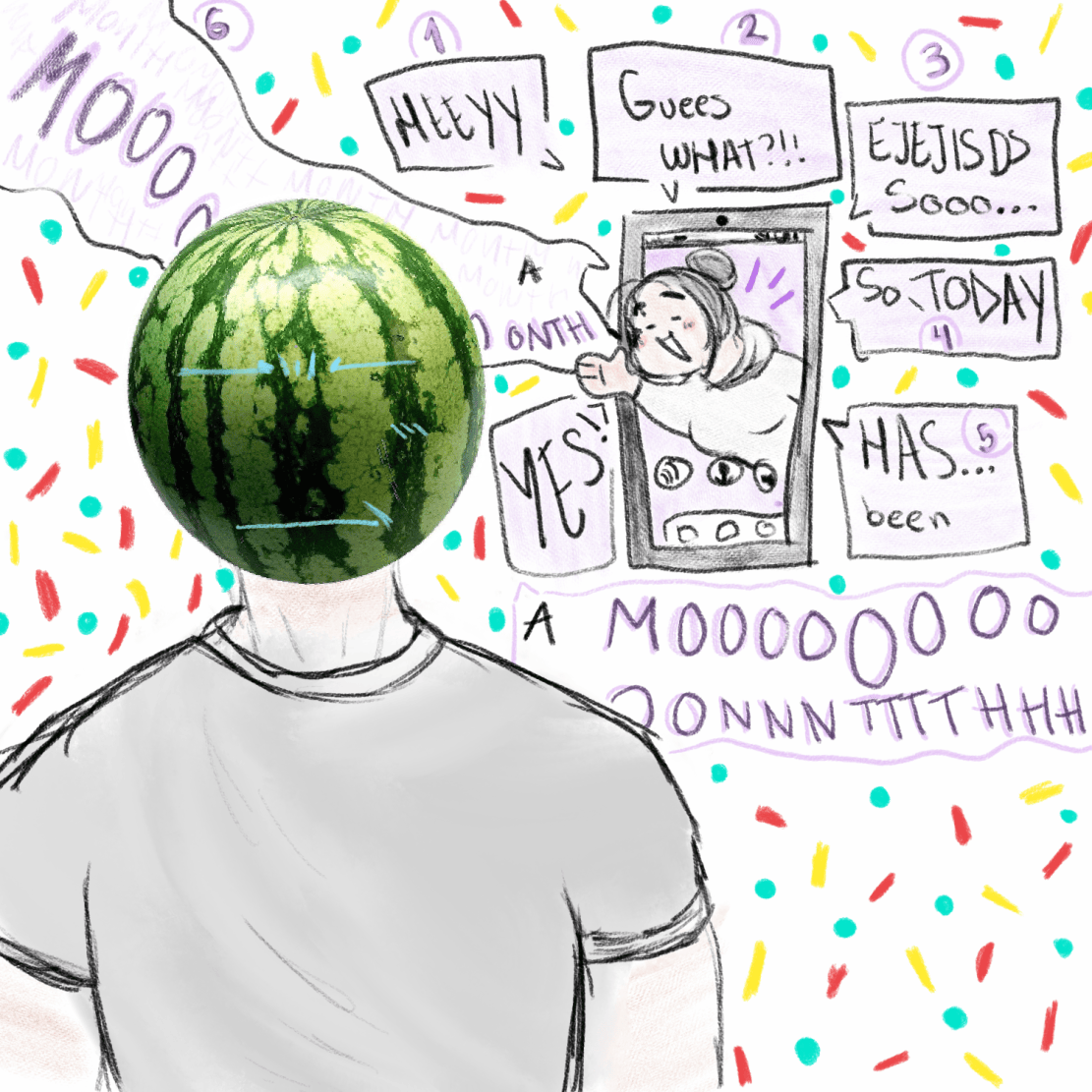A watermelon-headed figure looking at a phone call, surrounded by confetti and excited text