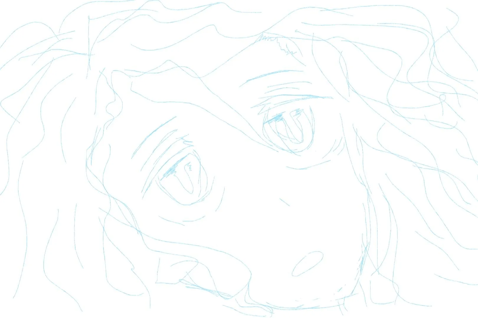 A close-up blue pencil sketch of intense expressive eyes